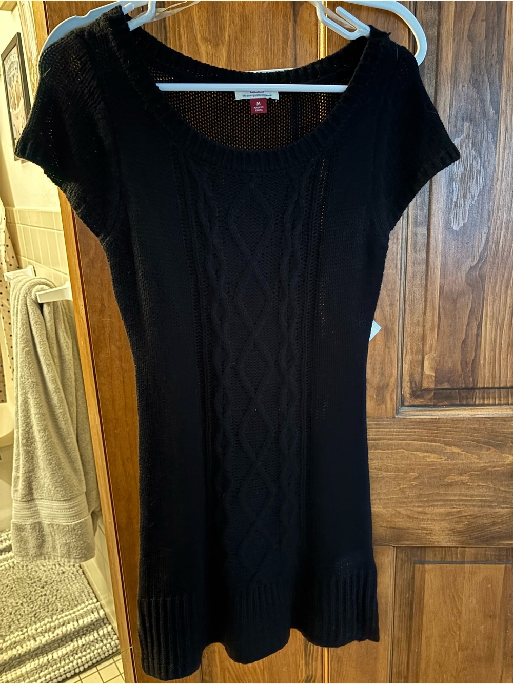 Black Cable Knit Short Sleeve Sweater Dress